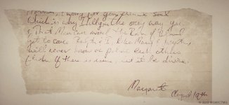 A letter from Margaret White to her mother, regarding her and her husband Ralph’s “sinless” life of chastity. It reads: “the oney [sic] way you & That Man can avoid the Rain of Blood yet to come. Ralph & I, like Mary & Joseph, will neither know or polute [sic] each other’s flesh. If there is issue, let it be divine. Margaret, August 19th” Carrie was conceived later that year. 142126 photo