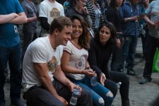 From L to R: Dacre Montgomery, Becky G and Naomi Scott on the set of SABAN'S POWER RANGERS. Photo credit: Kimberley French. 427360 photo
