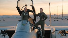 Brie Larson (left) gets hands-on help from Brigadier General Jeannie Leavitt, 57th Wing Commander (right), on a recent trip to Nellis Air Force Base in Nevada to research her character, Carol Danvers aka Captain Marvel, for Marvel Studios’ Captain Marvel. 488599 photo