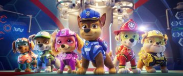 L-R: Zuma (voiced by Shayle Simons), Rocky (voiced by Callum Shoniker), Skye (voiced by Lilly Bartlam), Chase (voiced by Iain Armitage), Marshall (voiced by Kingsley Marshall), and Rubble (voiced by Keegan Hedley) in PAW PATROL: THE MOVIE from Paramount Pictures. Photo Credit: Courtesy of Spin Master. 589282 photo