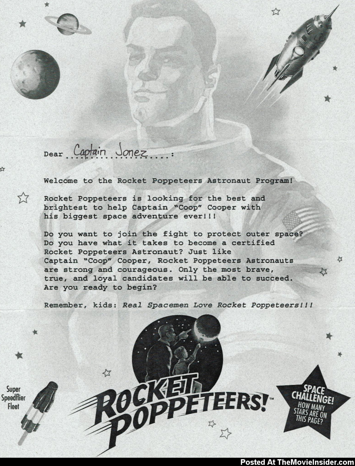  Rocket Poppeteers! letter mailed from a Super 8 viral site. Captain Jonez was the nickname the reader gave himself when he wrote into to the Super 8 site. No doubt there is a secret message hidden in the letter. If you can figure it out, please contact this site and we will post an update.