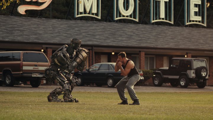  Down-on-his-luck fight promoter Charlie (Hugh Jackman) trains his star robot boxer Atom for a chance to go to the big time in the high-tech boxing world in this scene from Real Steel.
