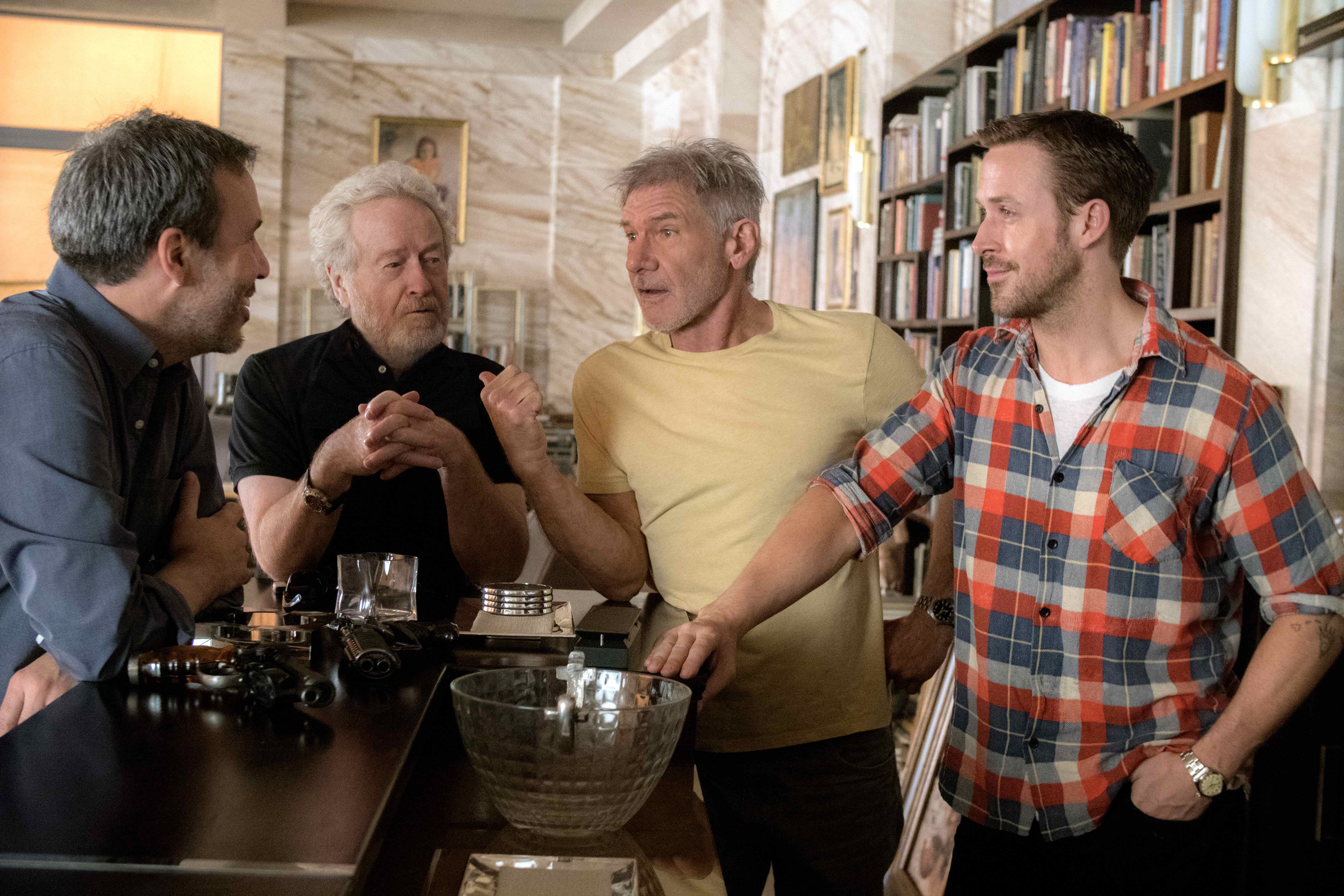  (L-r) Director Denis Villeneuve, Ridley Scott, Harrison Ford and Ryan Gosling on the set of Alcon Entertainment’s BLADE RUNNER 2049, a Warner Bros. Pictures Release. 