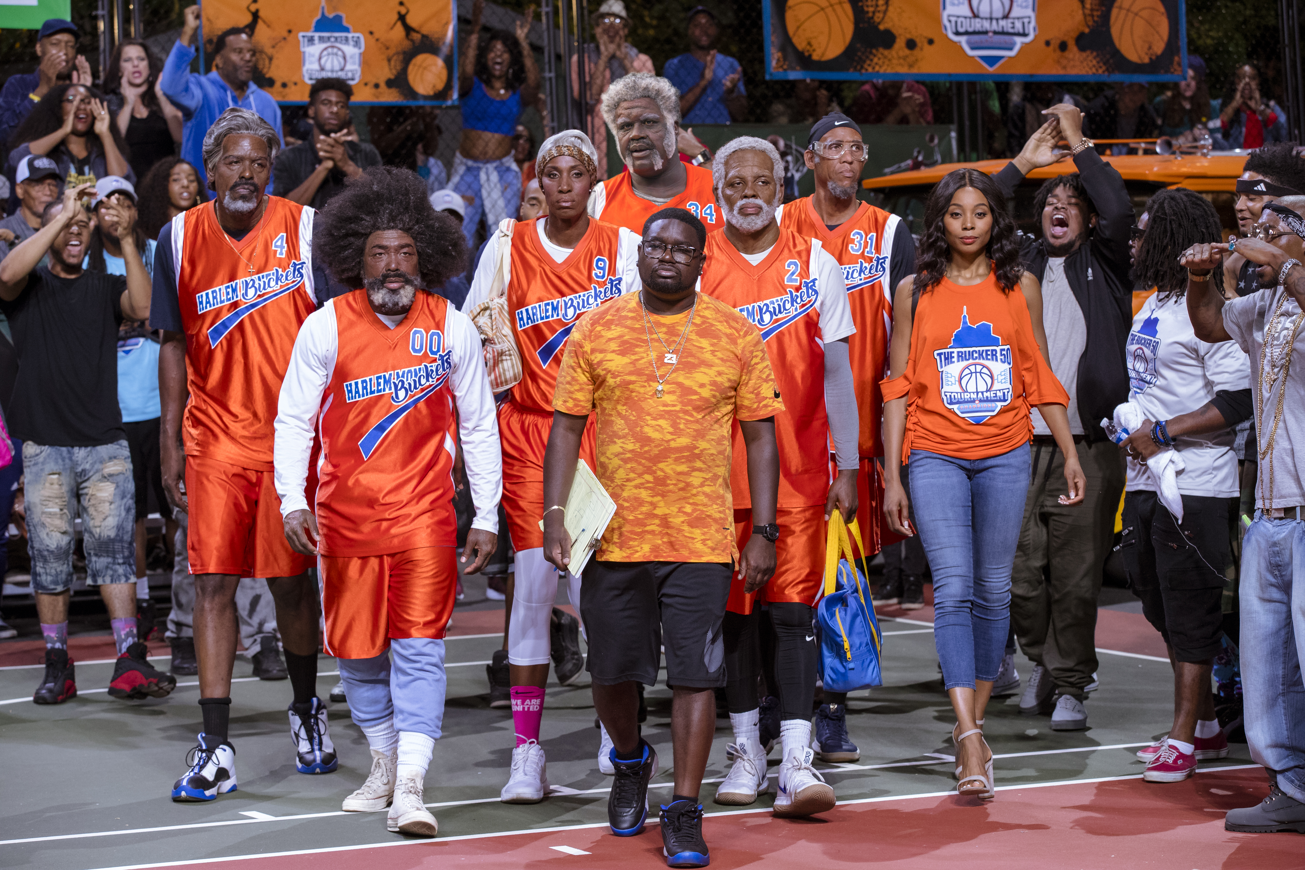  From L to R: From L to R: Chris Webber as &ldquo;Preacher,&rdquo; Nate Robinson as &ldquo;Boots,&rdquo; Lisa Leslie as &ldquo;Betty Lou,&rdquo; Shaquille O&rsquo;Neal as &ldquo;Big Fella,&rdquo; Lil Rel Howery as &ldquo;Dax,&rdquo; Kyrie Irving as &ldquo;Uncle Drew,&rdquo; Reggie Miller as &ldquo;Lights,&rdquo; and Erica Ash as &ldquo;Maya&rdquo; in UNCLE DREW. Photo by Quantrell Colbert. 