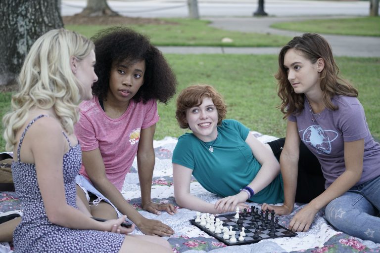  (r to l) In &ldquo;Nancy Drew and the Hidden Staircase,&rdquo; Nancy (Sophia Lillis, second from right) is aided in her youthful sleuthing by her pals (L-R) Helen (Laura Slade Wiggins), George (Zo&euml; Renee) and Bess (Mackenzie Graham). Photo Credit: Warner Bros. Home Entertainment 