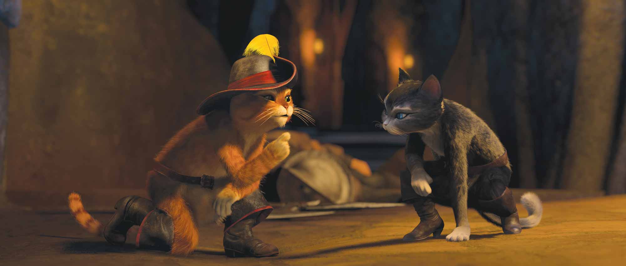  Puss In Boots (voiced by Antonio Banderas) and Kitty Softpaws (voiced by Salma Hayek) join forces in the film.