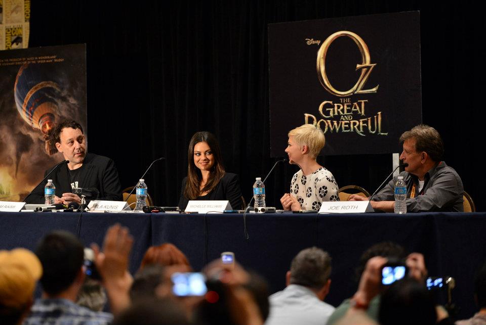  Director Sam Raimi, Mila Kunis, Michelle Williams, and producer Joe Roth speak at the panel.