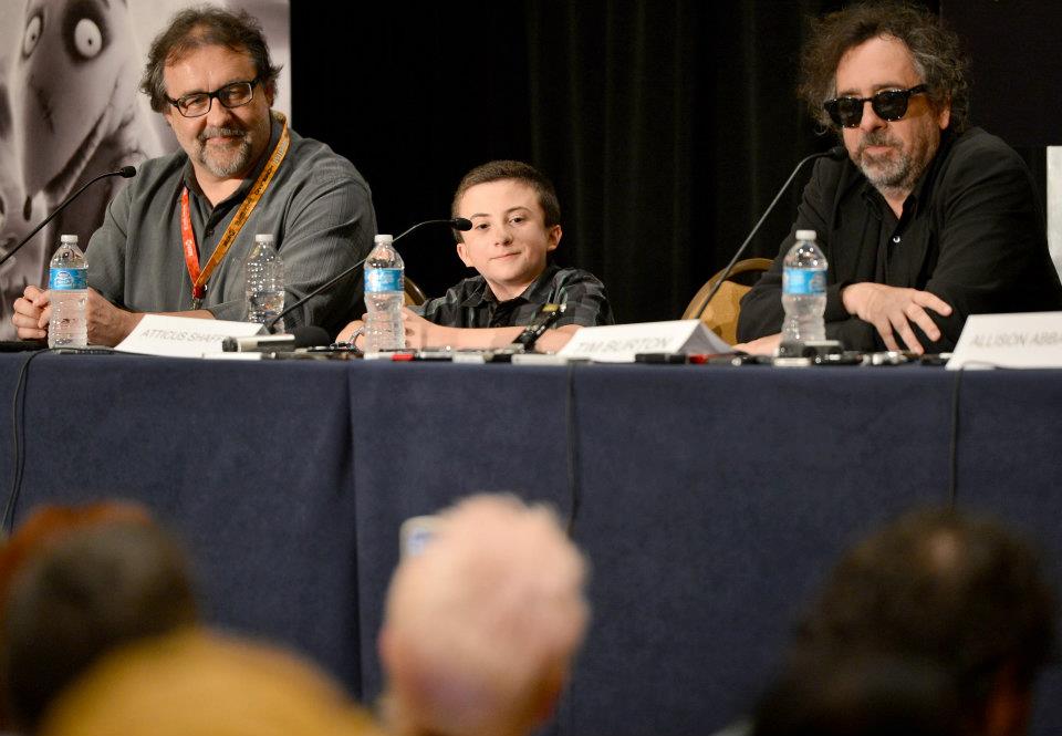  Executive producer Don Hahn, actor Atticus Shaffer, and Tim Burton speak at the Frankenweenie panel.
