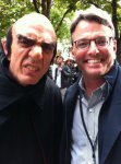 Sony Pictures Digital Productions President Bob Osher with Gargamel (Hank Azaria) in front of the Plaza Athene on the set of The Smurfs 2 in Paris, France.